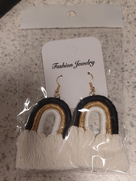 Fashion Jewelry Accessories - Fashion Jewelry Black, Gold & Cream Fringe Rainbow Earrings